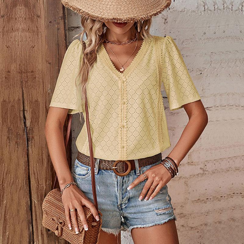 Dressy Summer Eyelet Tops for Women Short Sleeve Lace V Neck Tunic Blouse Loose Button Up Casual Tee Shirts
