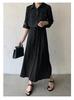 JINJUDUO Long Sleeve Shirt Solid Lapel Long Dress Women's Dress, Casual, Color, (M, Black)