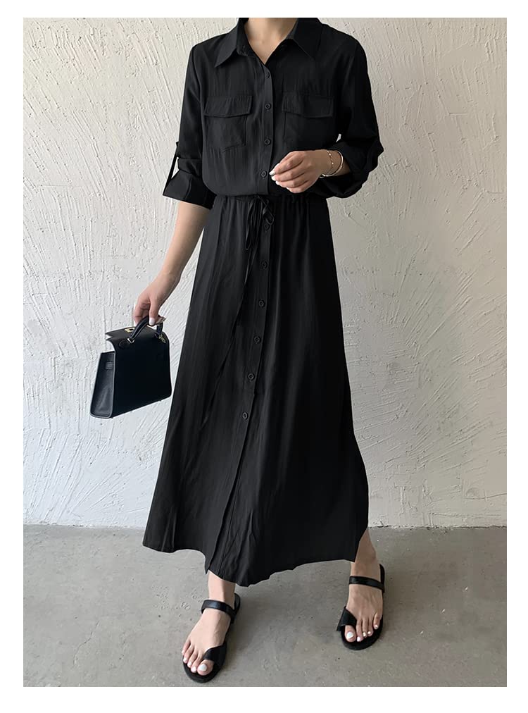 JINJUDUO Long Sleeve Shirt Solid Lapel Long Dress Women's Dress, Casual, Color, (M, Black)