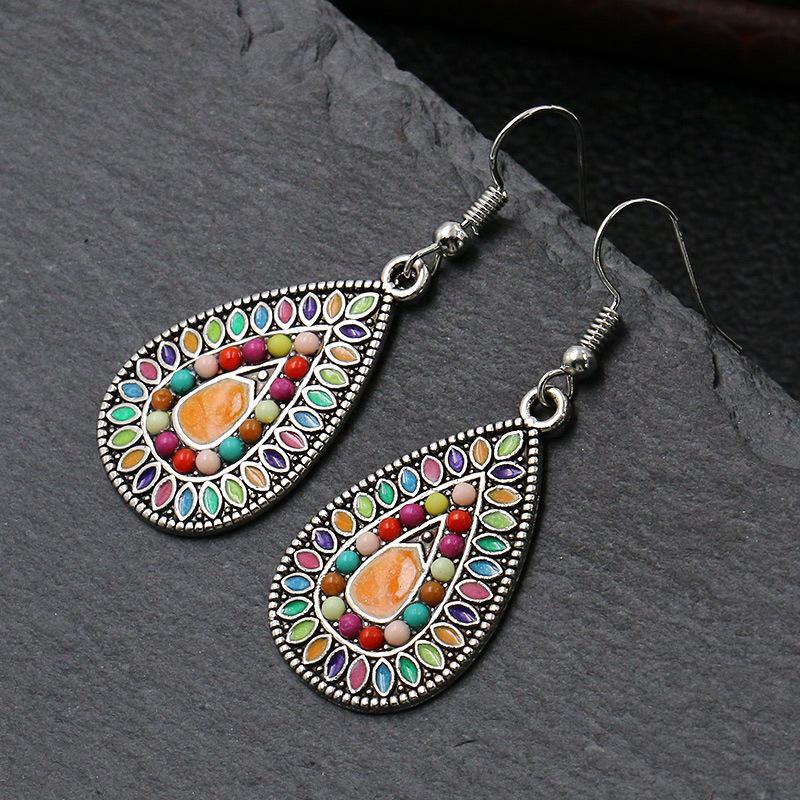 Ethnic Boho Colorful Enamel Earrings For Women Bomemian Retro Hollow Flower Round Geometric Vintage Drop Dangle Earrings Jewelry