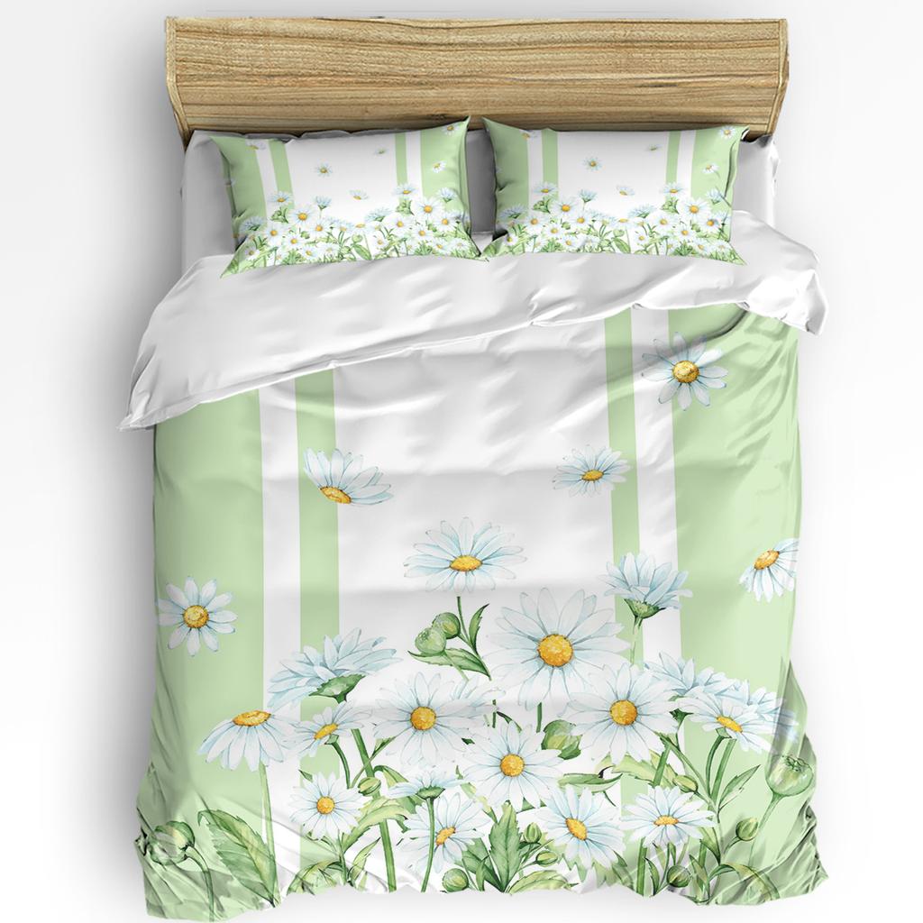 Summer Flowers Daisies Watercolor Green 3pcs Bedding Set For Double Bed Home Textile Duvet Cover Quilt Cover Pillowcase