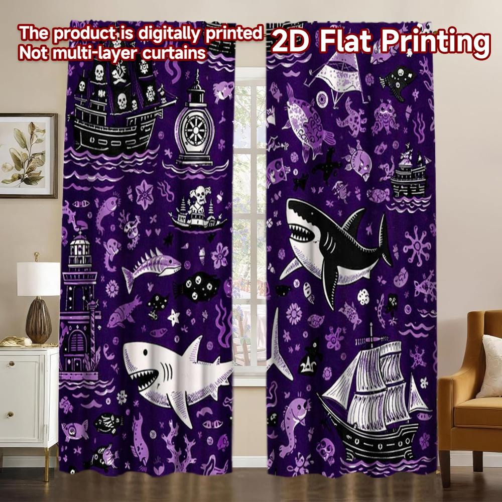 2D FLAT PRINTING 2pcs Curtains (Without Rod) Halloween Pirate Sea Adventure Chic Print Curtains Machine Washable Fabric Curtains