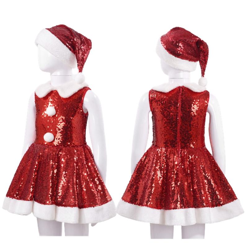 Kids Girls Christmas Party Dance Performance Costume Sleeveless Sequins Dress with Hat Set