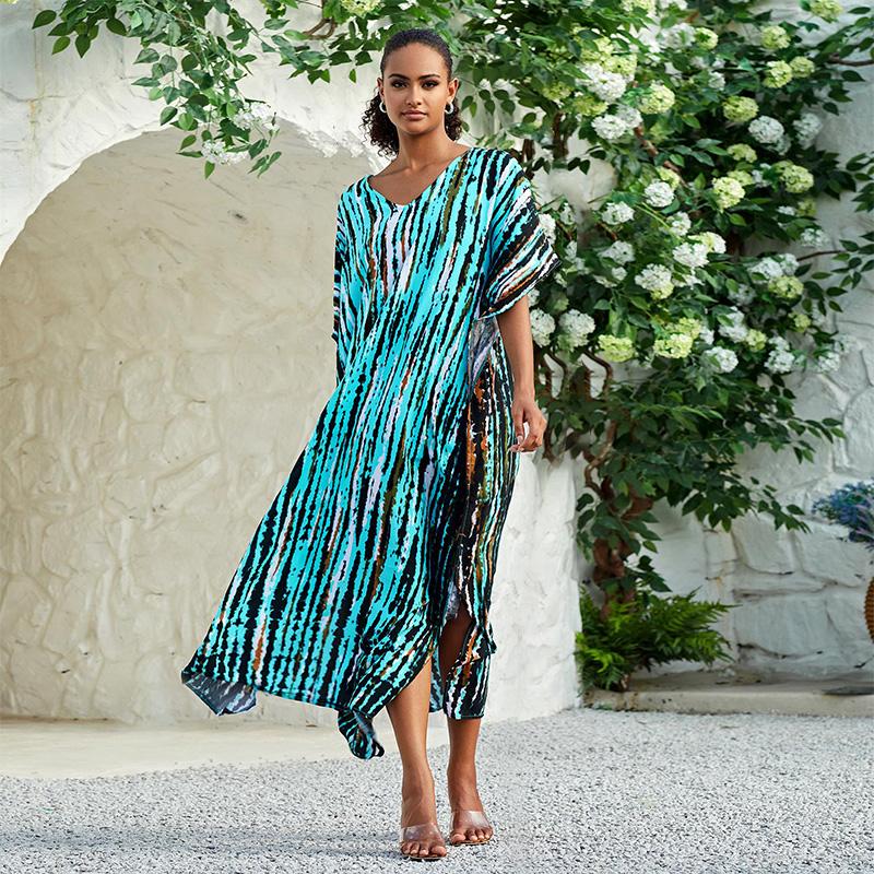 

EDOLYNSA женские кафтан больших размеров в полоску с принтом тай-дай, кафтан, купальник, пляжное платье макси, свободный халат с разрезом по бокам Q1218 One Size синий