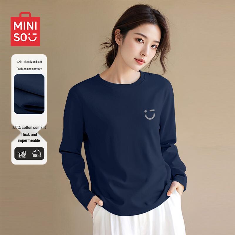 MINISO Women's Pure Cotton Smiley Logo Long-Sleeve T-Shirt