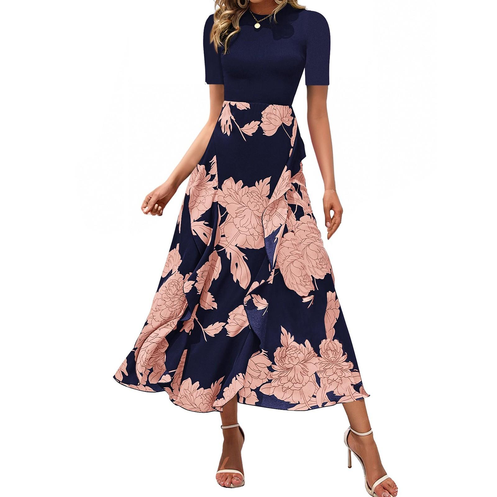 

Женское платье макси с цветочным принтом, повседневное, с круглым вырезом, короткими рукавами, оборками, струящееся, коктейльное, свадебное, для гостей XL розовый