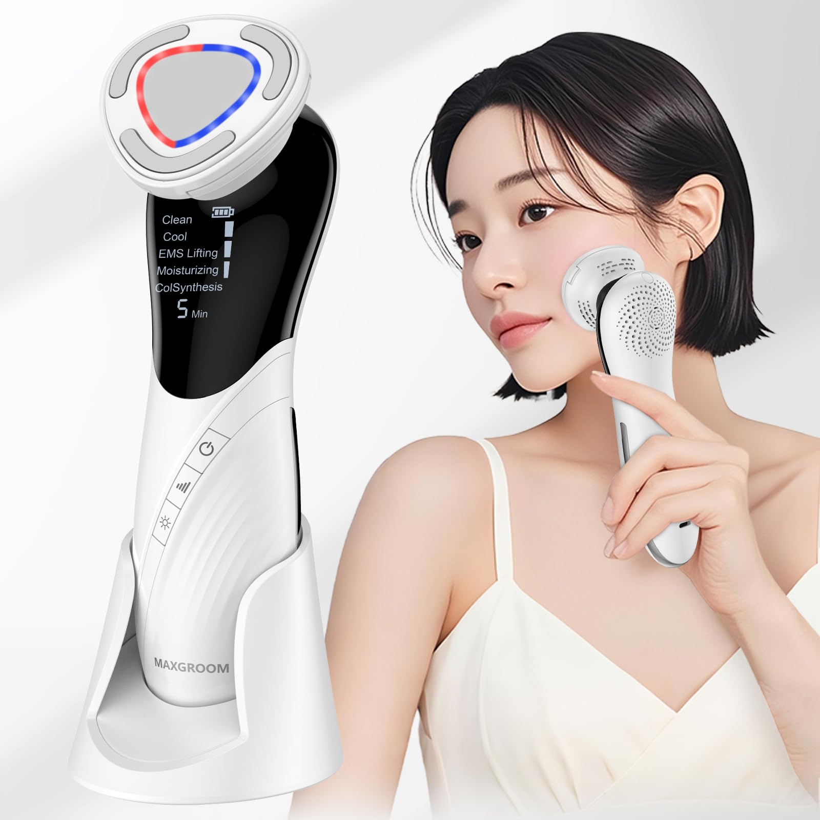 

MAXGROOM EMS Facial Massager, 9-in-1 Ultrasonic Facial Massager with Hot and Cold Functions, LED Light, Ion Extraction, Pore Care, USB Rechargeable, P