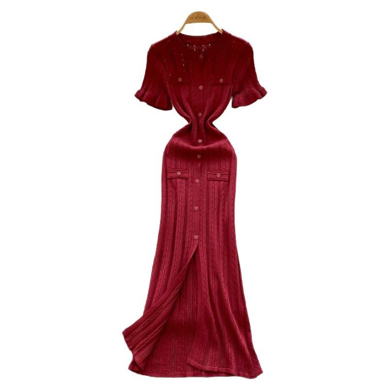 Simple Knitted Dress for Women's Summer Single-breasted Hollowed-out Slimming and Shaping Dress