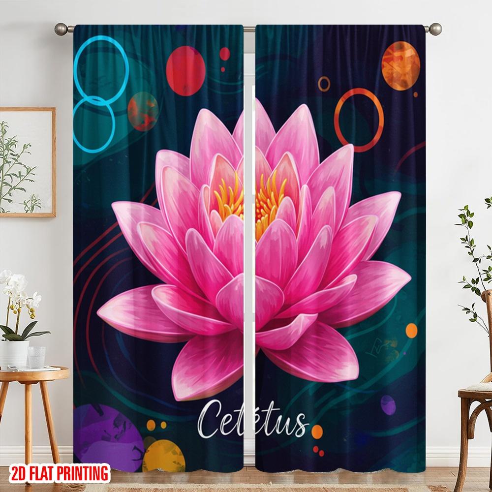 2 Stück 2D Flachdruck Fenstervorhänge Lotusblume Polyester Ohne Strom Festliche Vorhänge für Stände Studio-Requisiten