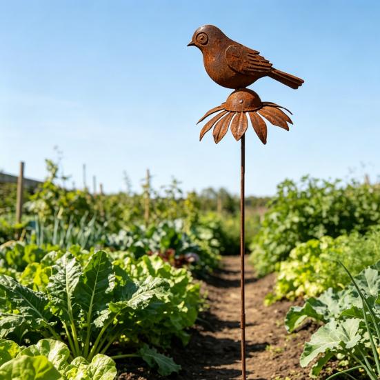 Rostige Gartendekorationsstäbe, Metallblumen Vogel Dekoration, Rostiger Metall Gänseblümchen Vogelstab, Pflanzgefäß Dekorationen für Innen Außen Hinterhof