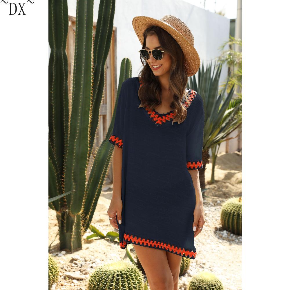 DX~Women's Sexy Hollow Out V-neck Short Sleeved Contrasting Hand Hook Patchwork Loose Beach Sun Protection Cover