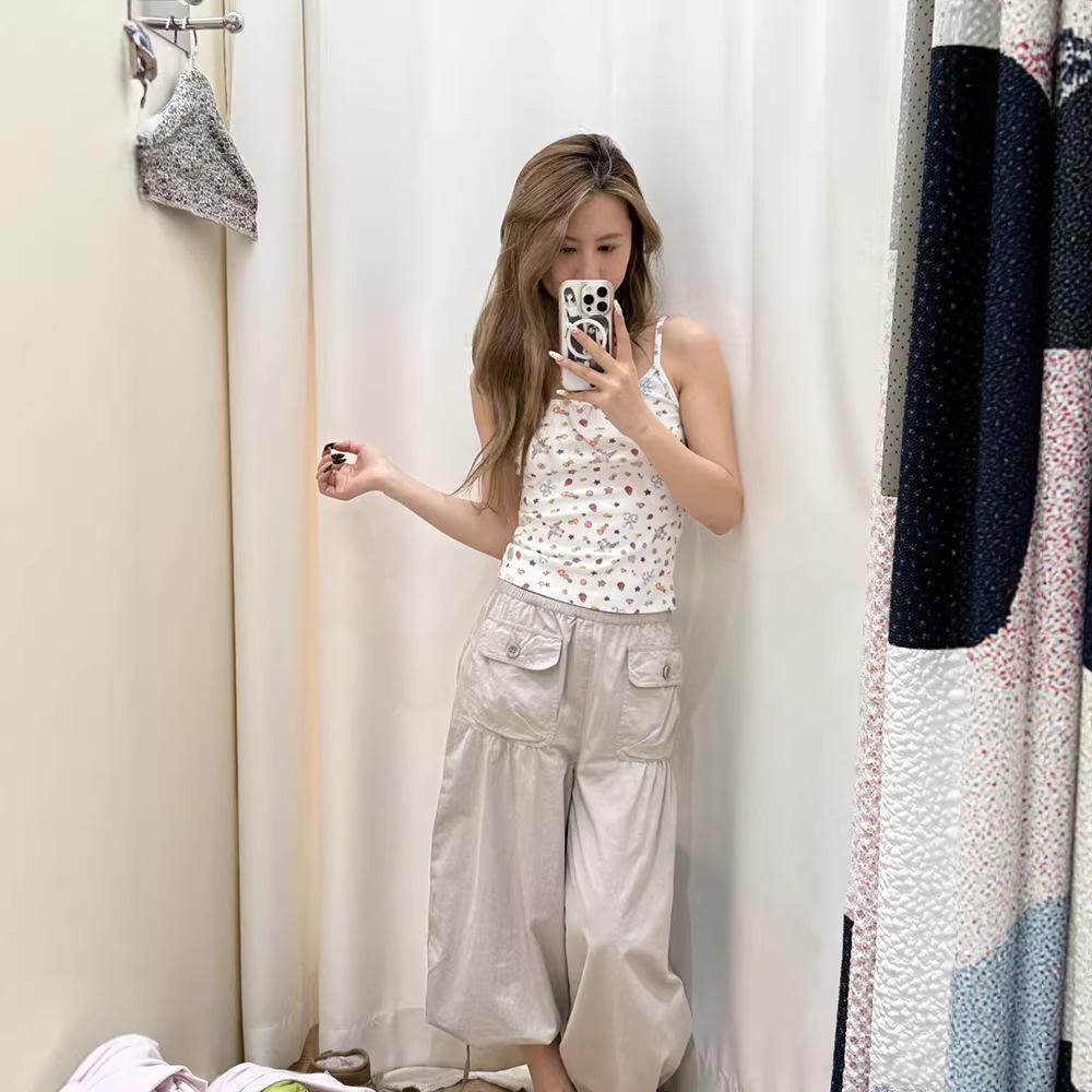

Japanese Floral Print Elastic Waist Pleated Work Pants for Women - Spring/Summer Loose Fit with Drawstring Small рожевий/сірий колір