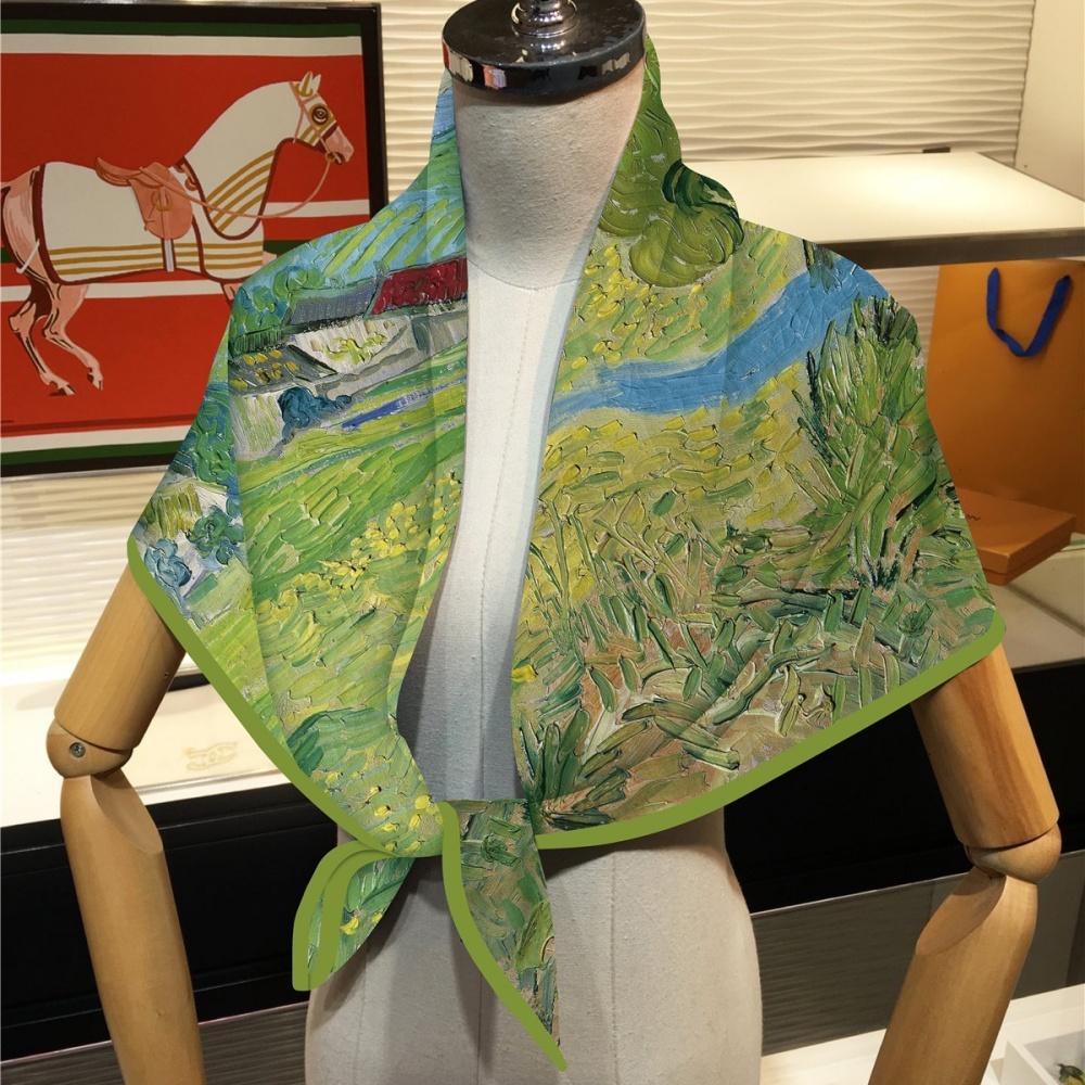 90Cm Twill Silk Scarf Fashion Shawl Van Gogh Oil Painting Square Scarf Women Hijab Bandana Foulard Head Scarves Wraps