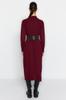 Women's Hijab Dress New Season Fashion Plum Faux Leather Belted High Collar Knitwear Dress