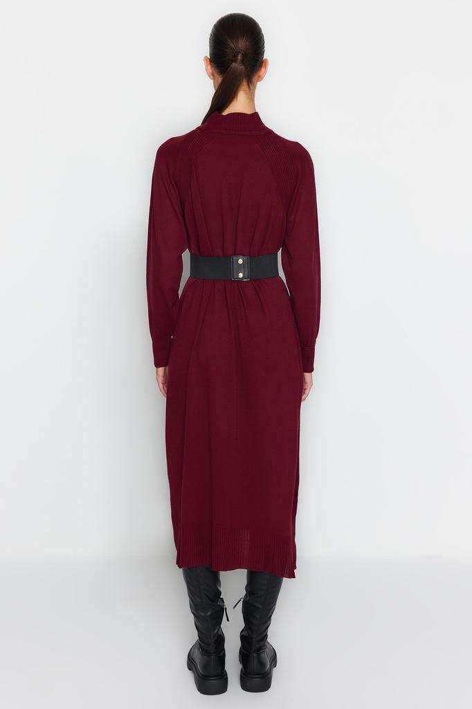 Women's Hijab Dress New Season Fashion Plum Faux Leather Belted High Collar Knitwear Dress