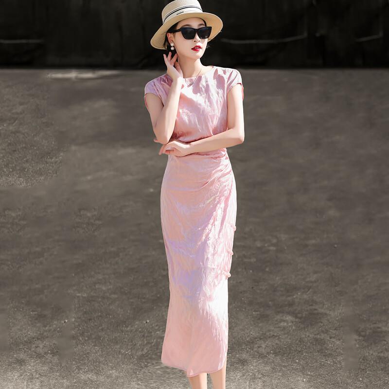 Elegant Acetate Pleated Slit Midi Sheath Dress L