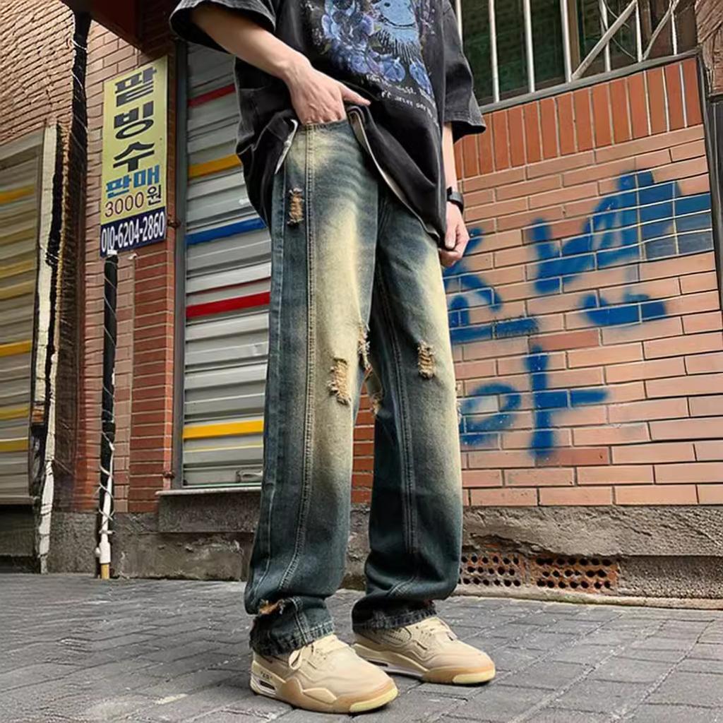 American Washed Pants High Street Retro Ripped Jeans Men's Summer Straight Loose High-end Beggar Pants