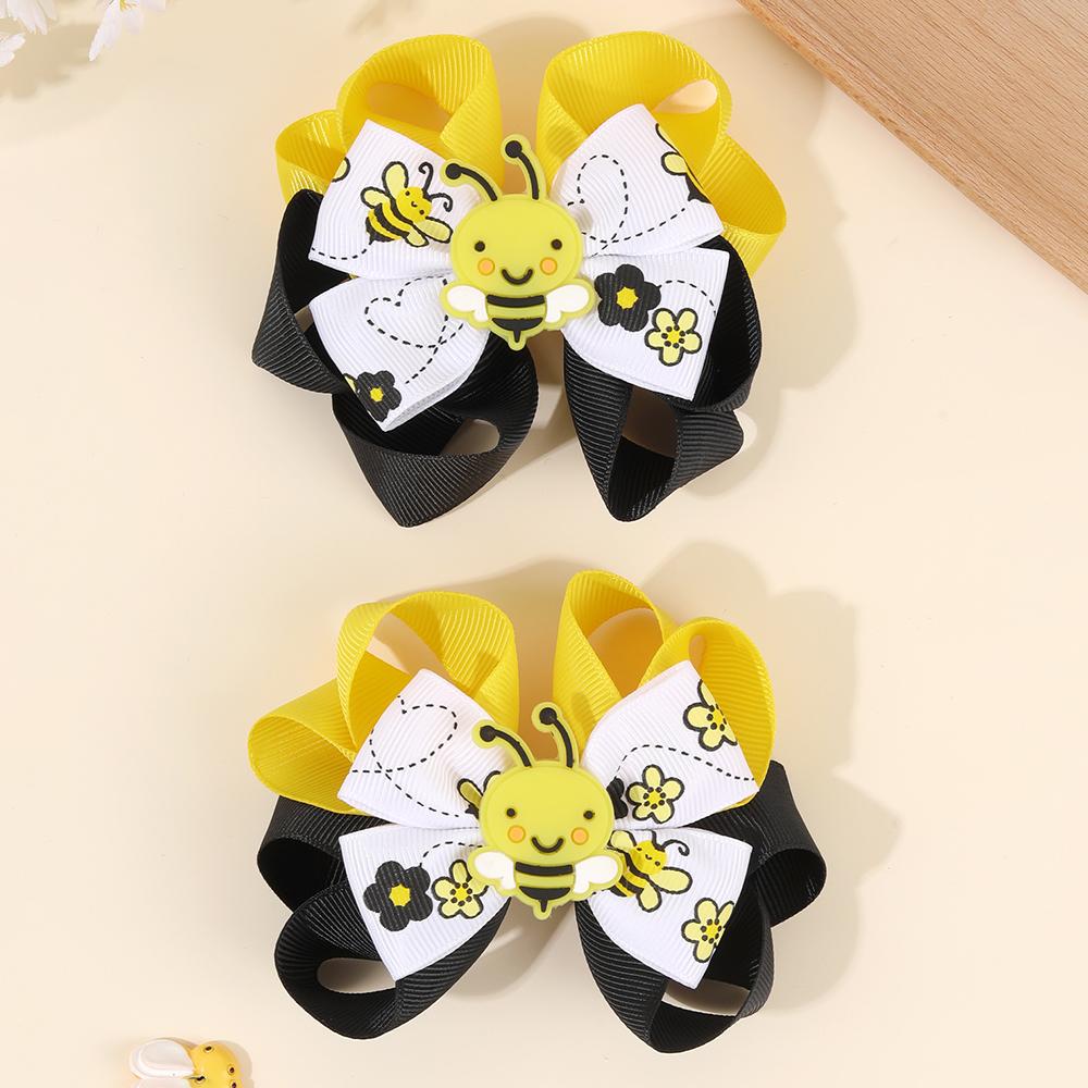 2Pcs Cartoon Bee Bow Hair Clips For Girls Cute Flower Print Color-Blocking Ribbon Hairpins Kids School Daily Trendy Accessories