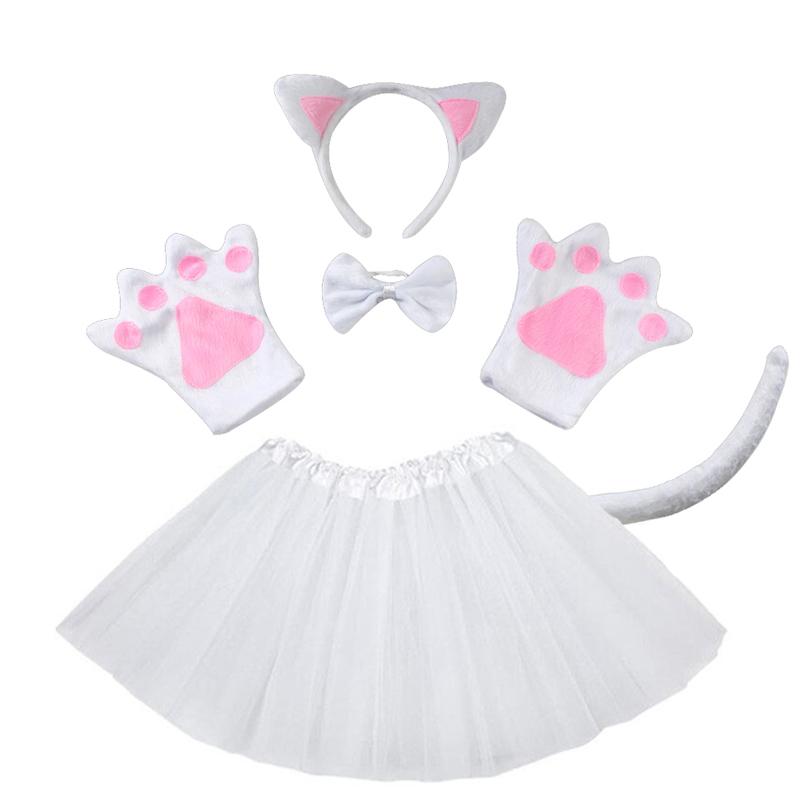 Accessoires de Fête pour Enfants Bandeau Oreilles de Chat Noir Fille Jupe Tutu Queue Gants Ensemble Halloween Carnaval Cadeau d'Anniversaire Déguisement Cosplay for kids white