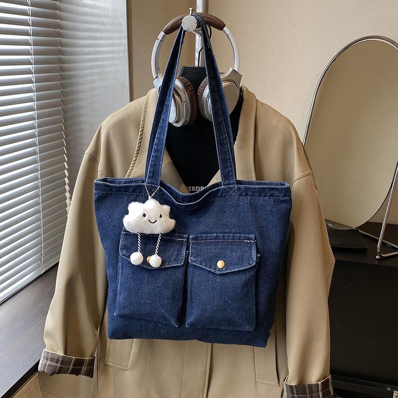Double Pocket Design Denim Shoulder Bags for Women Large Capacity Ladies Students Tote Outing Travel Portable Female Handbags