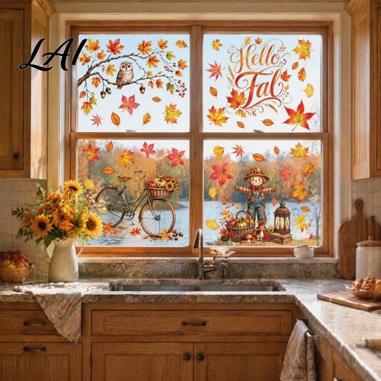 Thanksgiving Home Decor 6 Sheets Autumn Harvest Static Window Stickers Maple Leaves Scarecrows Bicycle Owl Transparent PVC Decals Decals Reusable