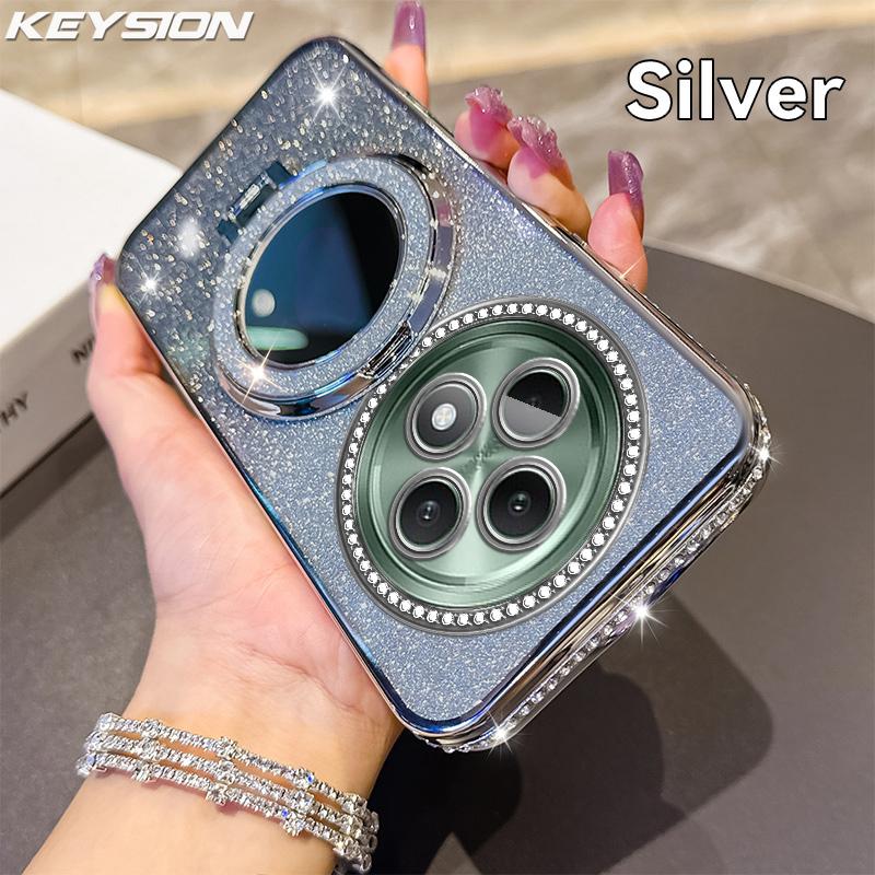 KEYSION Luxury Glitter Jewelled Magnetic Phone Case for OPPO Reno12 F 5G Makeup Mirror Stand Shockproof Cover for OPPO Reno 12F