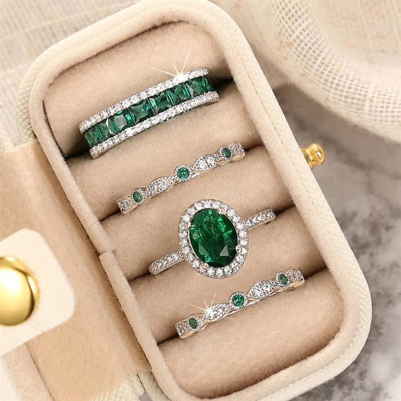 Huitan Royal Green Cubic Zirconia 4PCS Ring Set Wedding Trendy Party Wearable Jewelry Set Versatile Stackable with Gift BoxGood Product