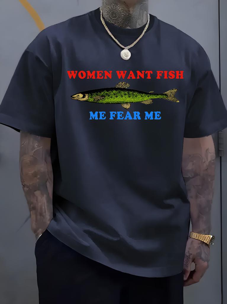 Unisex O Neck Tee Funny Text And Vintage Fish Graphic Print Cotton Short Sleeve Loose Summer Breathable Daily Casual Basic Wear Top
