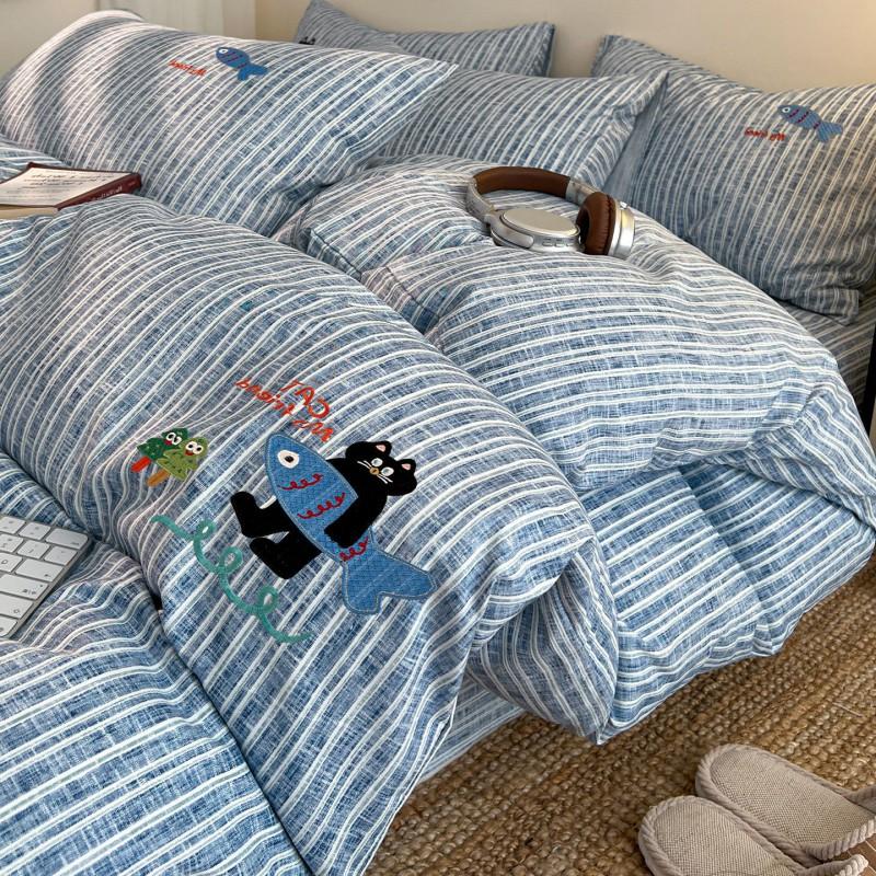 Ins Style Washed Linen Cotton Bedding Set Striped Embroidered Bed Sheet Duvet Cover 2026 Collection