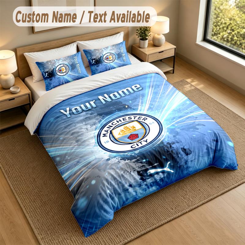3 Parça Nevresim Takımı Özel İsim Metni, 1 Çarşaf 2 Yastık Kılıfı Ev Yatak DekorasyonuManchester City