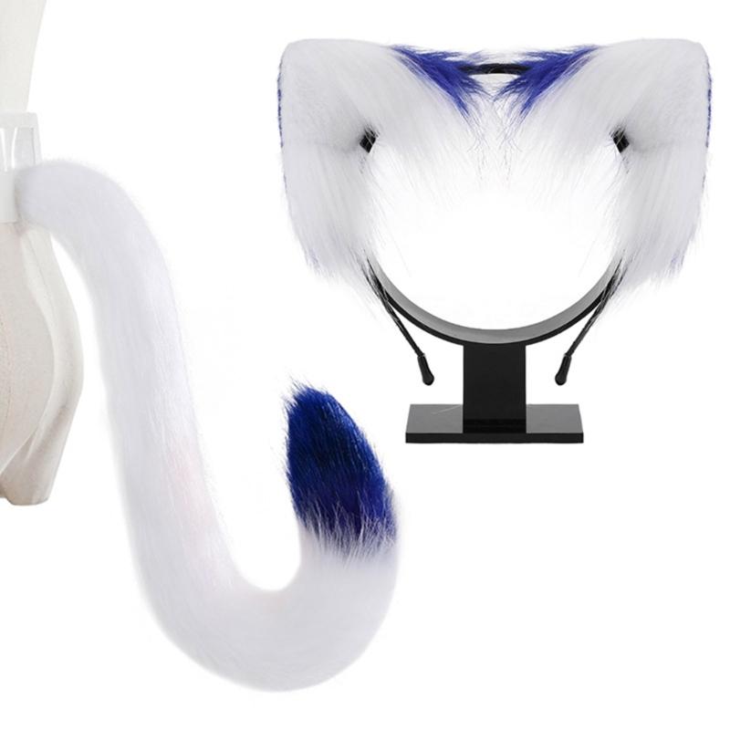 Animal Cosplay Costumes Faux Furs Cat Foxes Wolf Furry Tail and Ear Headband Set синий