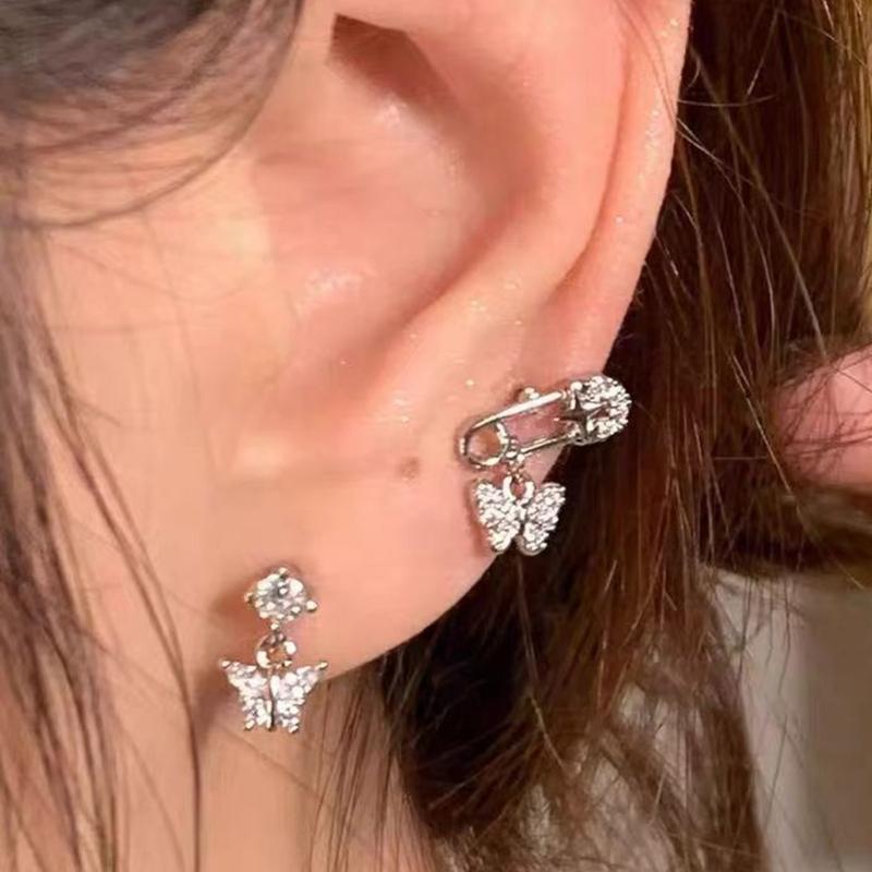 Dazzling Titaniums Steel Ear Climber Butterfly Stud With Safety Pin Cartilage Piercing Earring Handmade Body Jewelry