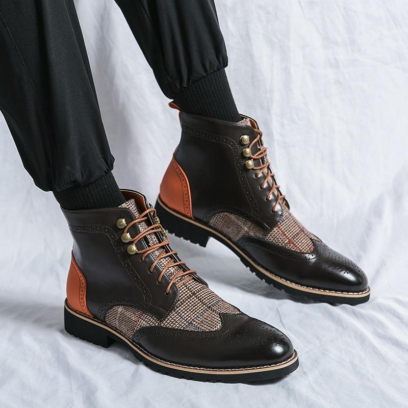 Mens Ankle Boots Pointed-Toe High-top Boot Classic Brown Business Casual Dress Boots for Men British Leather Boots Botas
