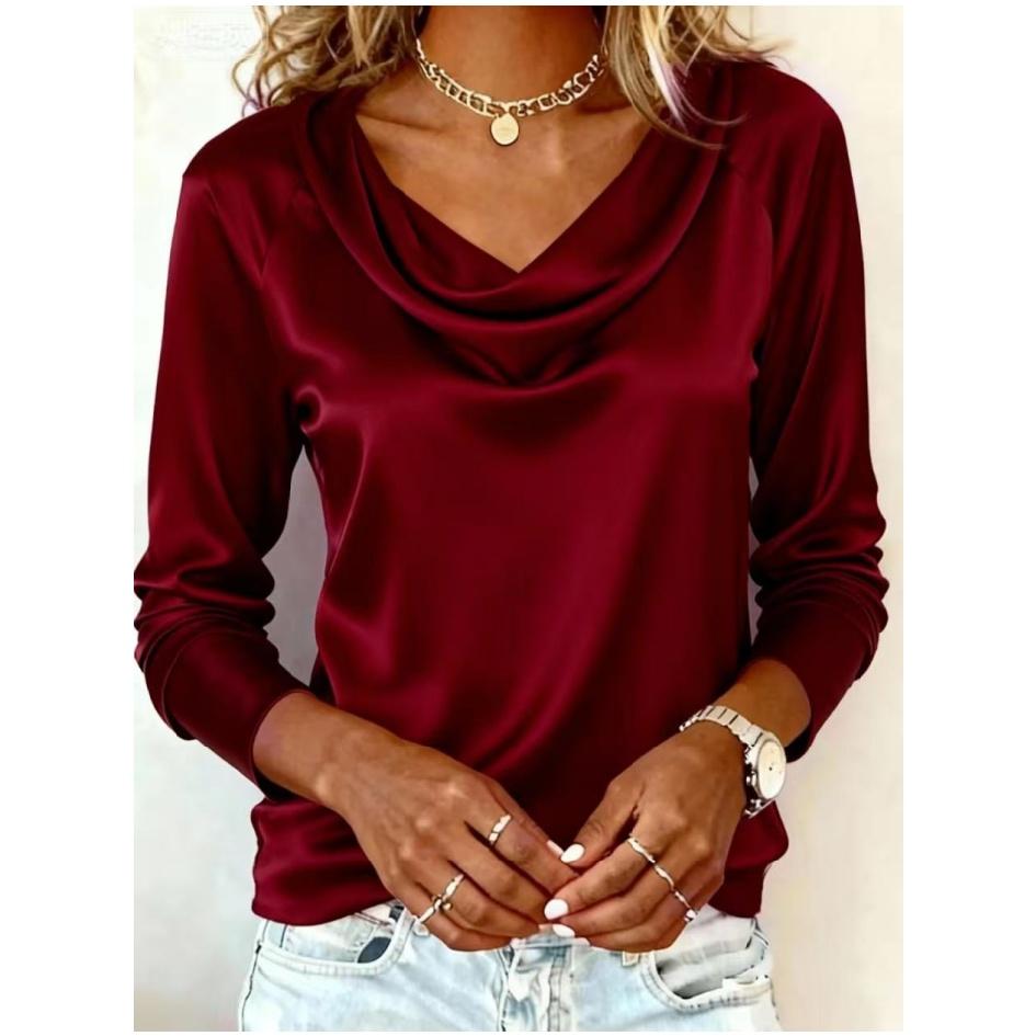 Spring Autumn Versatile Office Draped Collar Flowy Long-Sleeve Blouse - Stylish Elegant 100% Polyester Shirt
