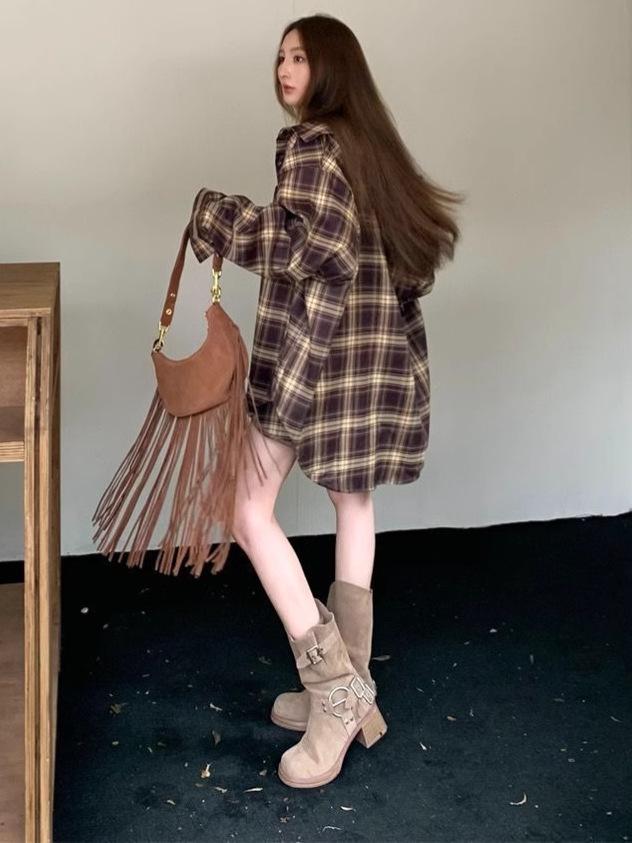 Women's Retro Plaid Long Sleeve Shirt - Spring Style, Loose Fit, Sun Protection, Mid-Length Top