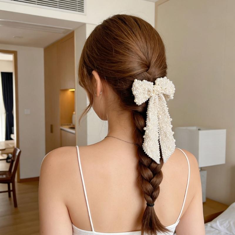 Fashion Artificial Pearls Bowknot Hair Clip For Bridal Shower Formal Event Photoshoots Special Occasion NonSlip Hairpin