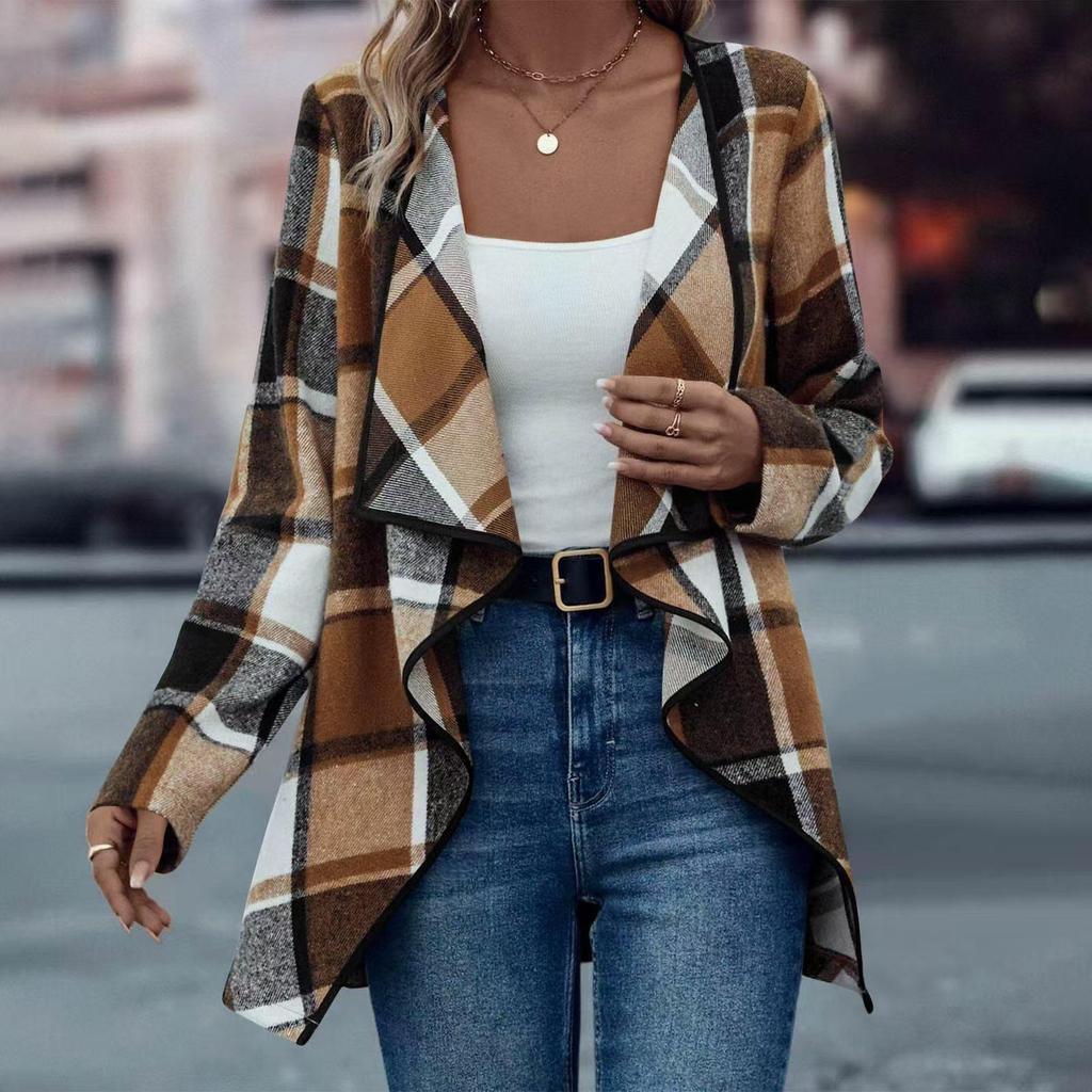 2024 Women's Plaid Print Long-sleeved Jacket - European & American Spring/Autumn Fashion