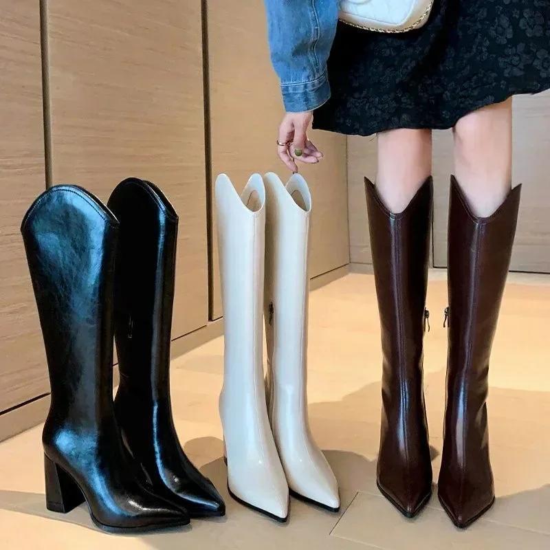 Pu Leather Long Boots Women Fashion V-Port Pointed Toe Knee High Boots Ladies Sexy Chunky High Heel Shoes Botas