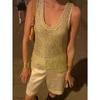 New Women's Sexy V-neck Loose Sleeveless Vest Hollow Out Knitted Sequin Casual Summer Top