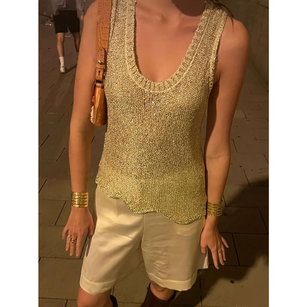 New Women's Sexy V-neck Loose Sleeveless Vest Hollow Out Knitted Sequin Casual Summer Top