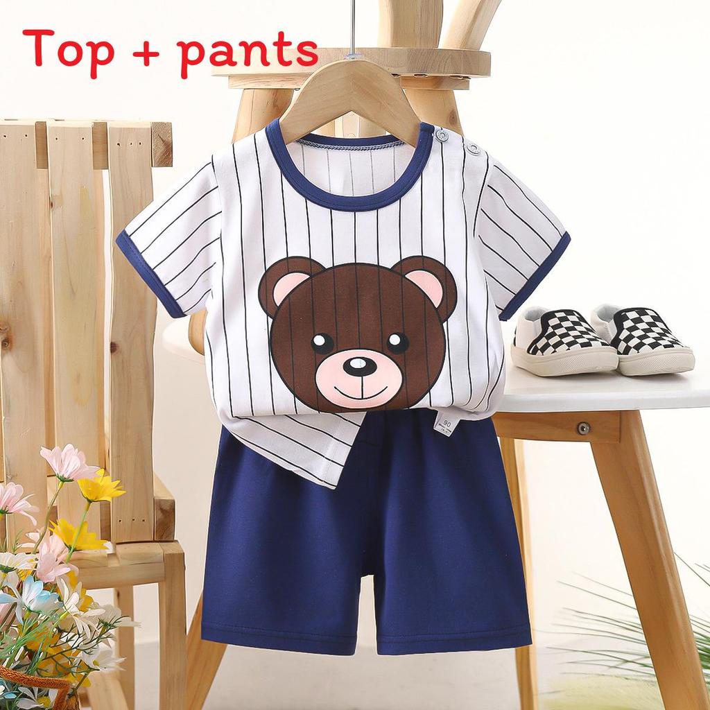 Childrens Cotton Short Sleeve Tshirt And Shorts Set With Cartoon Prints For Toddler Summer Wear