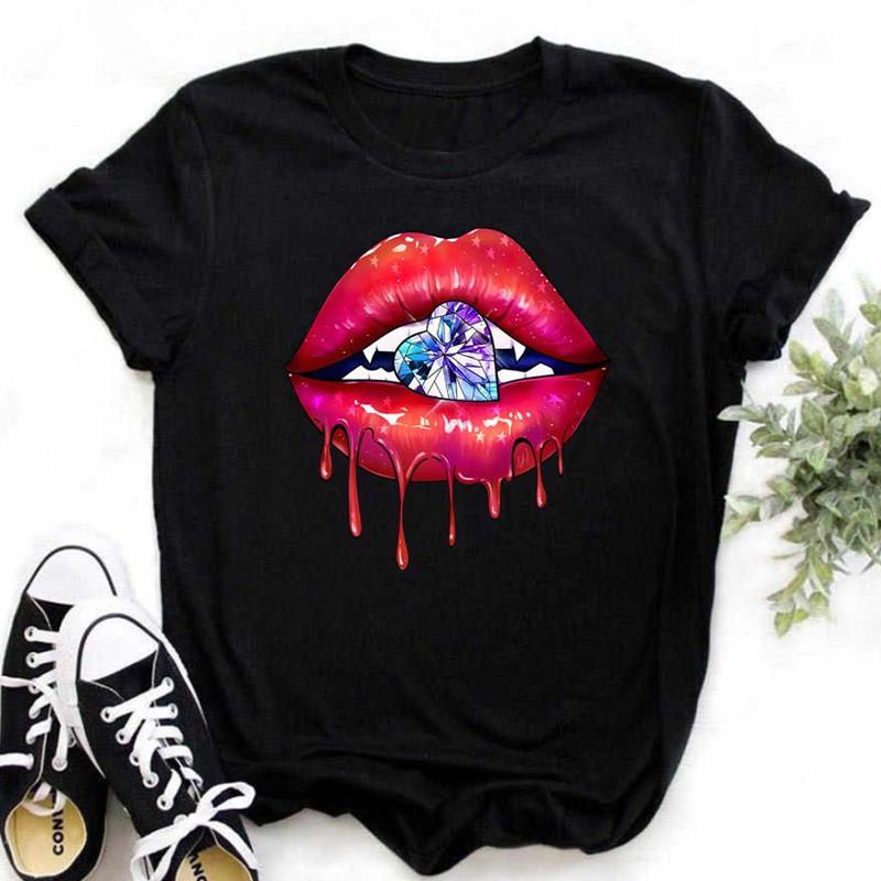 Spring Summer Plus Color Lips Loose Casual Fashion Simple Round Neck Pure Cotton Short Sleeved Top T-Shirts Women’s