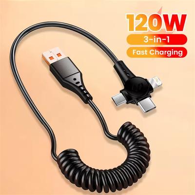 Cavo dati di ricarica rapida per cellulare 3 in 1 da 120 W per iPhone Huawei Xiaomi Cavo dati retrattile a molla di ricarica super veloce