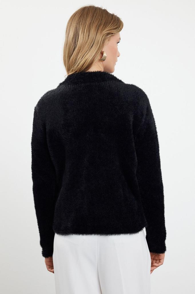 Women's Fashion Stylish Cardigan Black Shaggy Polo Collar Knitwear Cardigan