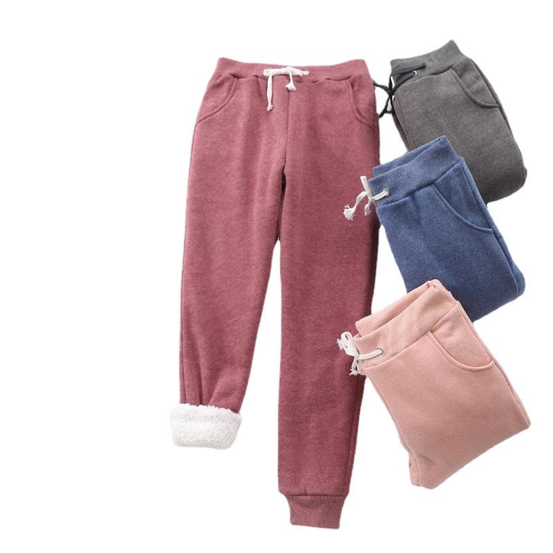 Pantaloni Casual Caldi da Donna in Lana d'Agnello con Plus Velluto - Dimagranti, con Polsini, Gamba Dritta, Tuta per Autunno e Inverno