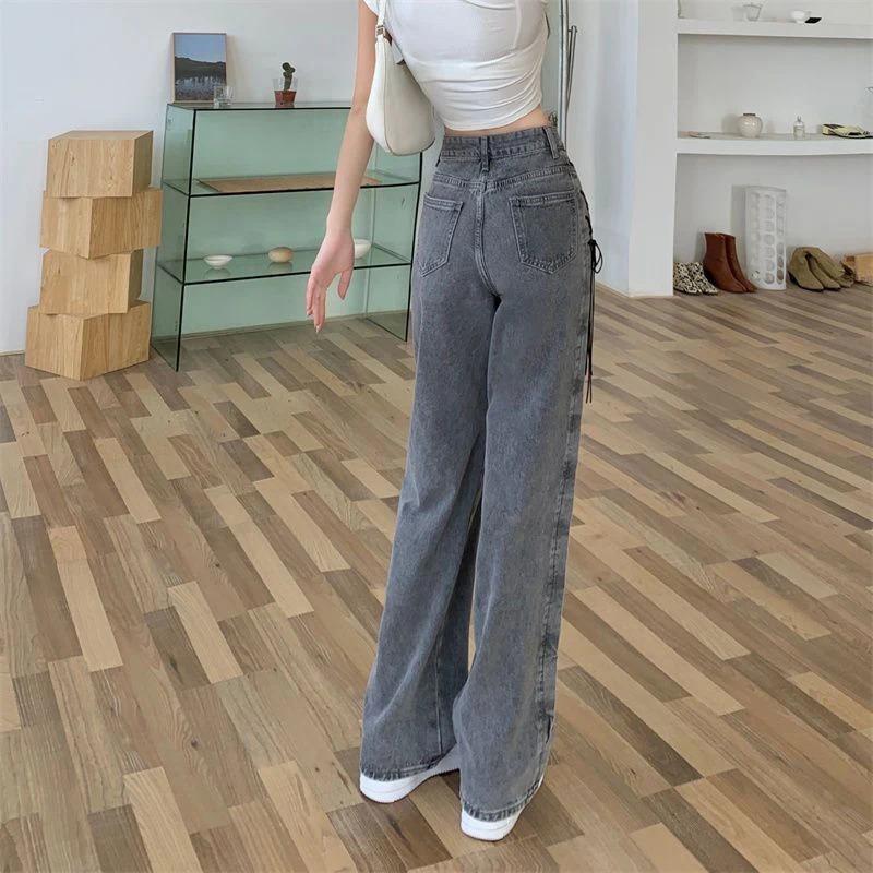 Y2K Street Women Jeans Pants American High Waist Lace Up Chic Female Casual Pants Korean Vintage Ladies Wide Leg Trousers