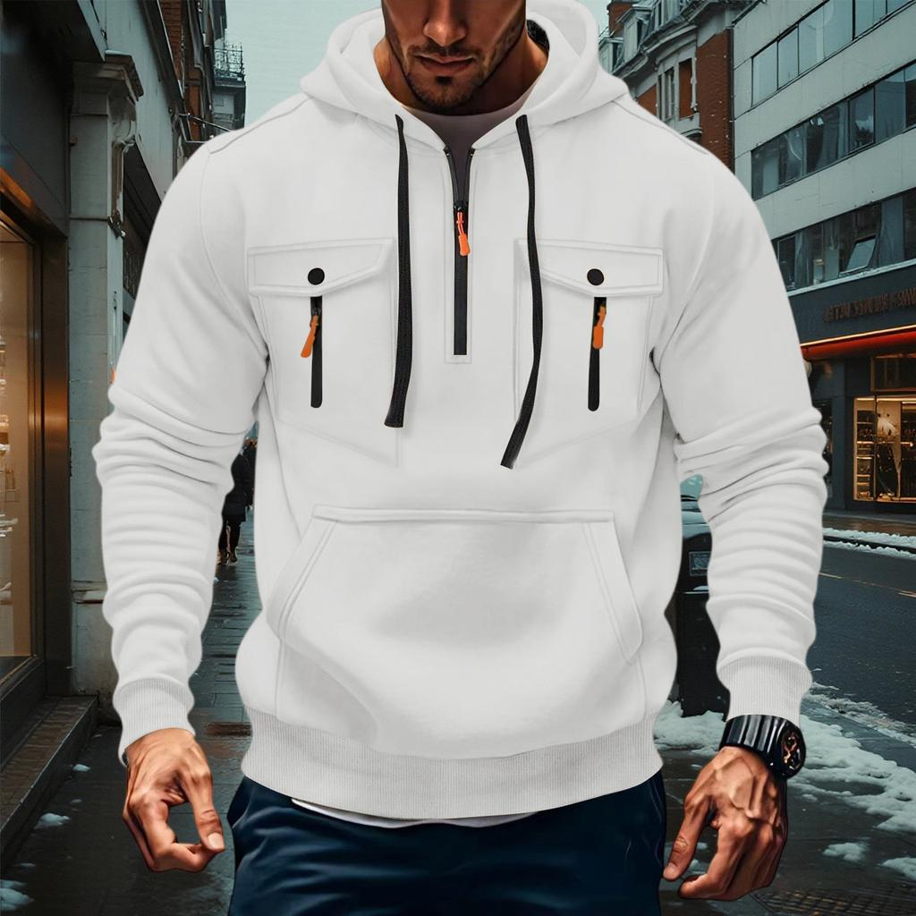 Men's Military Cargo Hoodies, Casual Quarter Zipper Pullover Tops With Multi Pockets