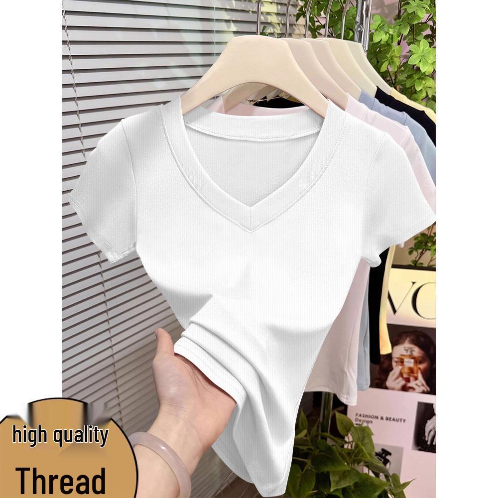 Plus Size Women's V-Neck Ribbed T-Shirt - Korean Style Bestseller, Short Sleeve, Spring/Summer Fashion, High Quality Solid Color Base Layer.