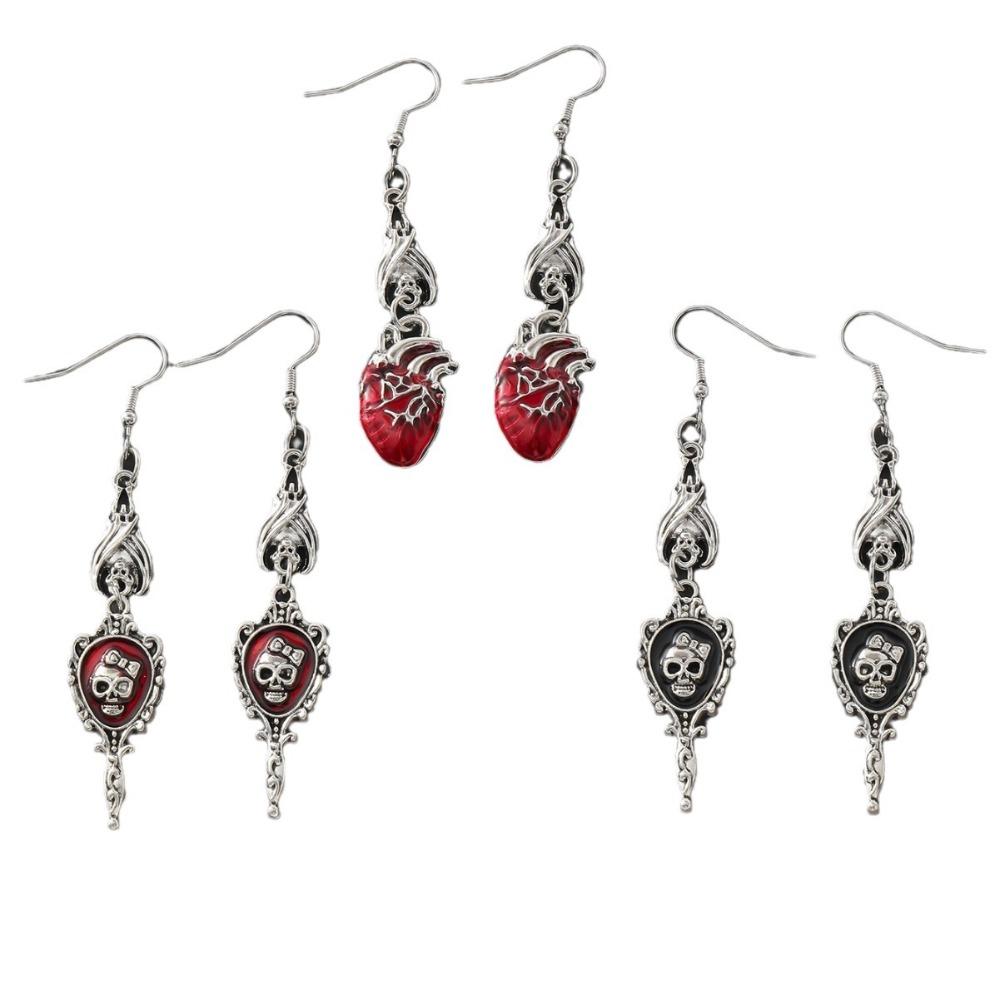 Retro Gothic Vampire Bat Bowknot Skeleton Red Drip Glaze Heart Pendant Dangle Earrings for Women Hallowmas Scary Jewelry Gifts