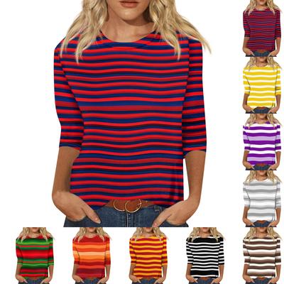Women's Fashionable Casual Round Neck Three-quarter Sleeve Striped Printed T-shirt Top